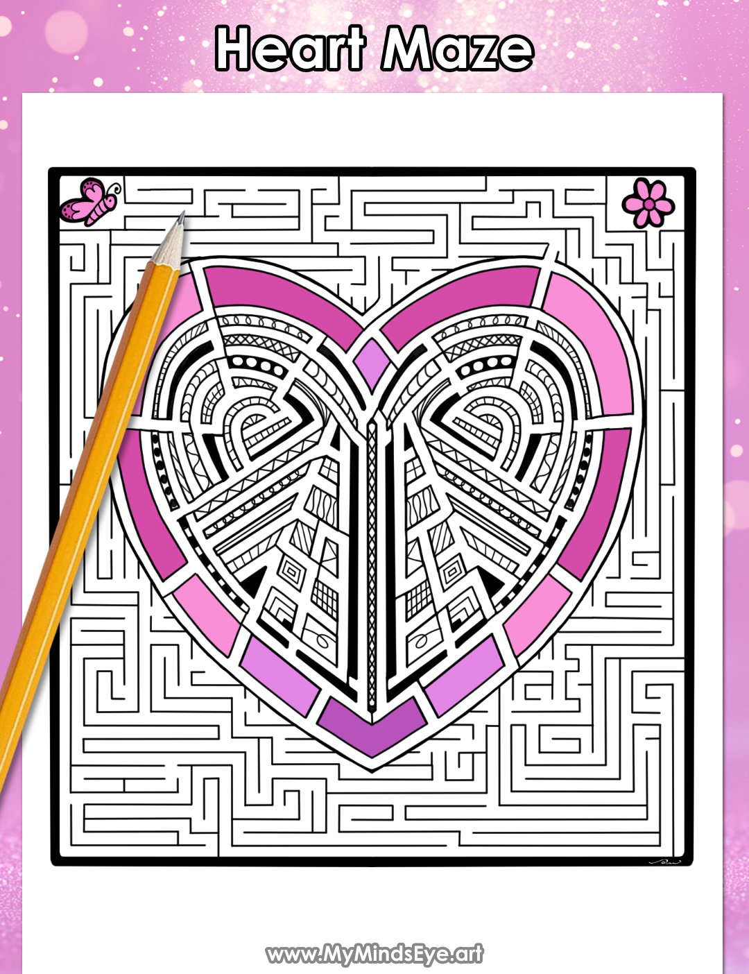 Image of a maze activity sheet with the shape of a heart on it.