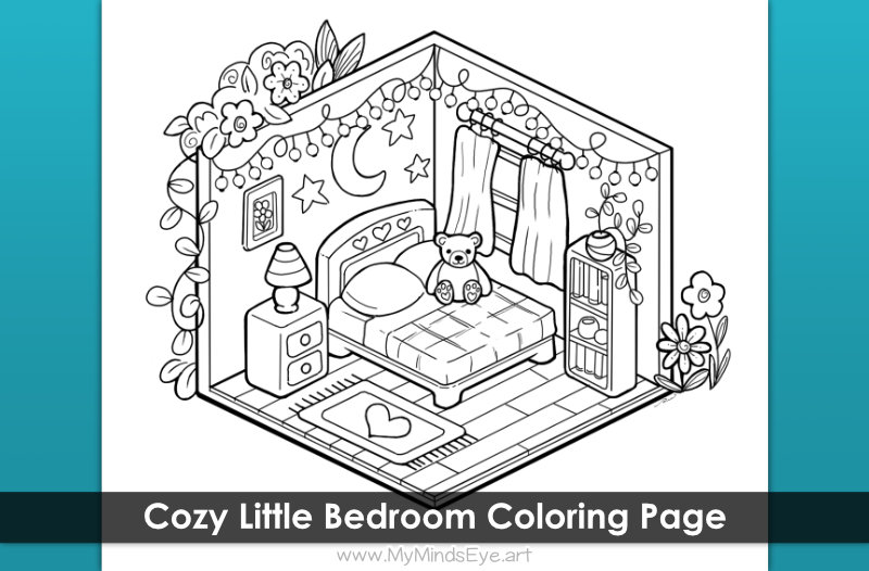 Image of a coloring page with a cozy little bedroom