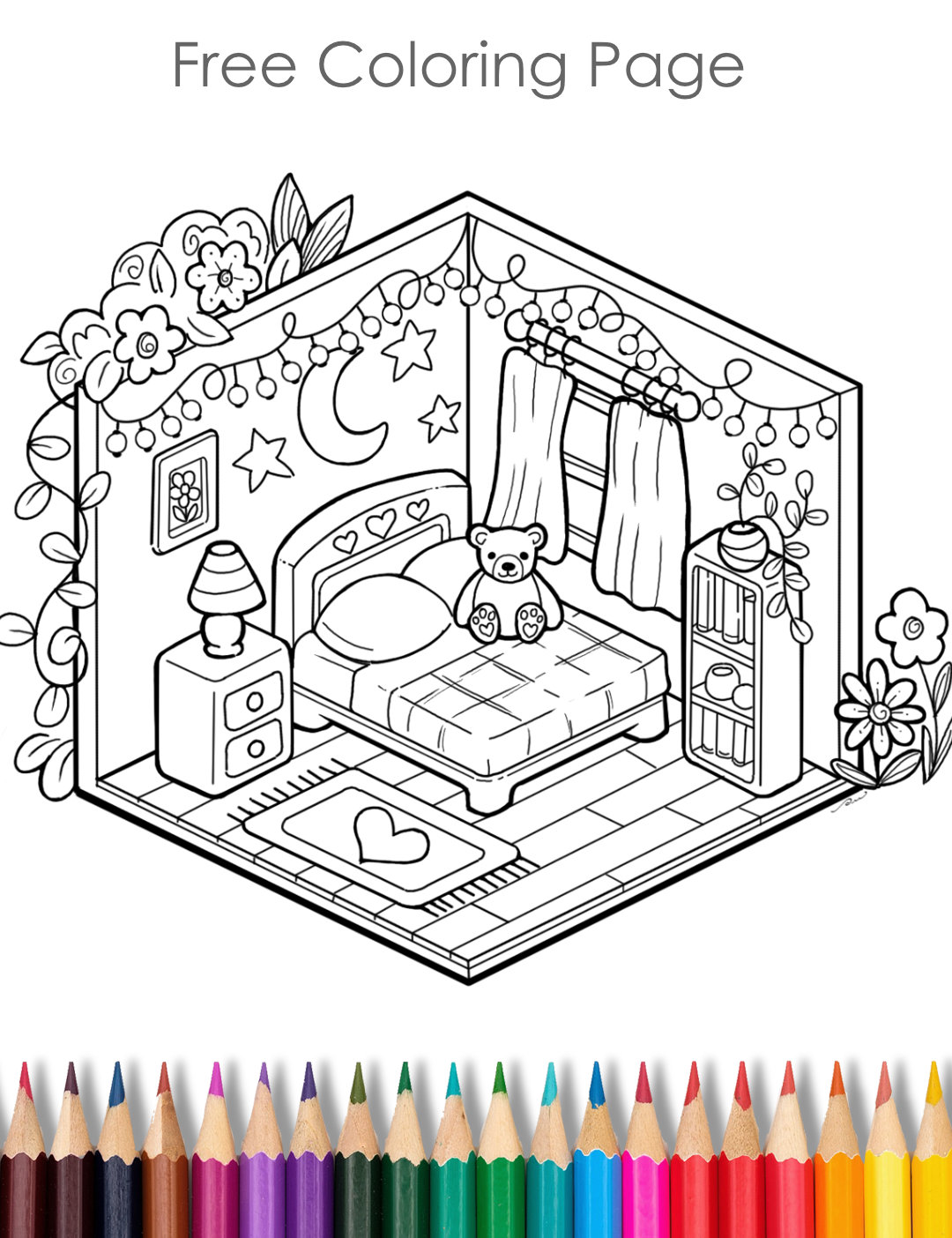 Sample uncolored image of a free coloring page with a isometric drawing of a cute bedroom.