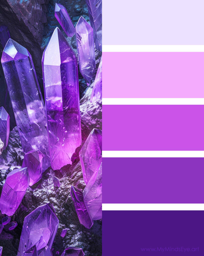 Image of amethyst crystals with a color 
palette of shades of purple.