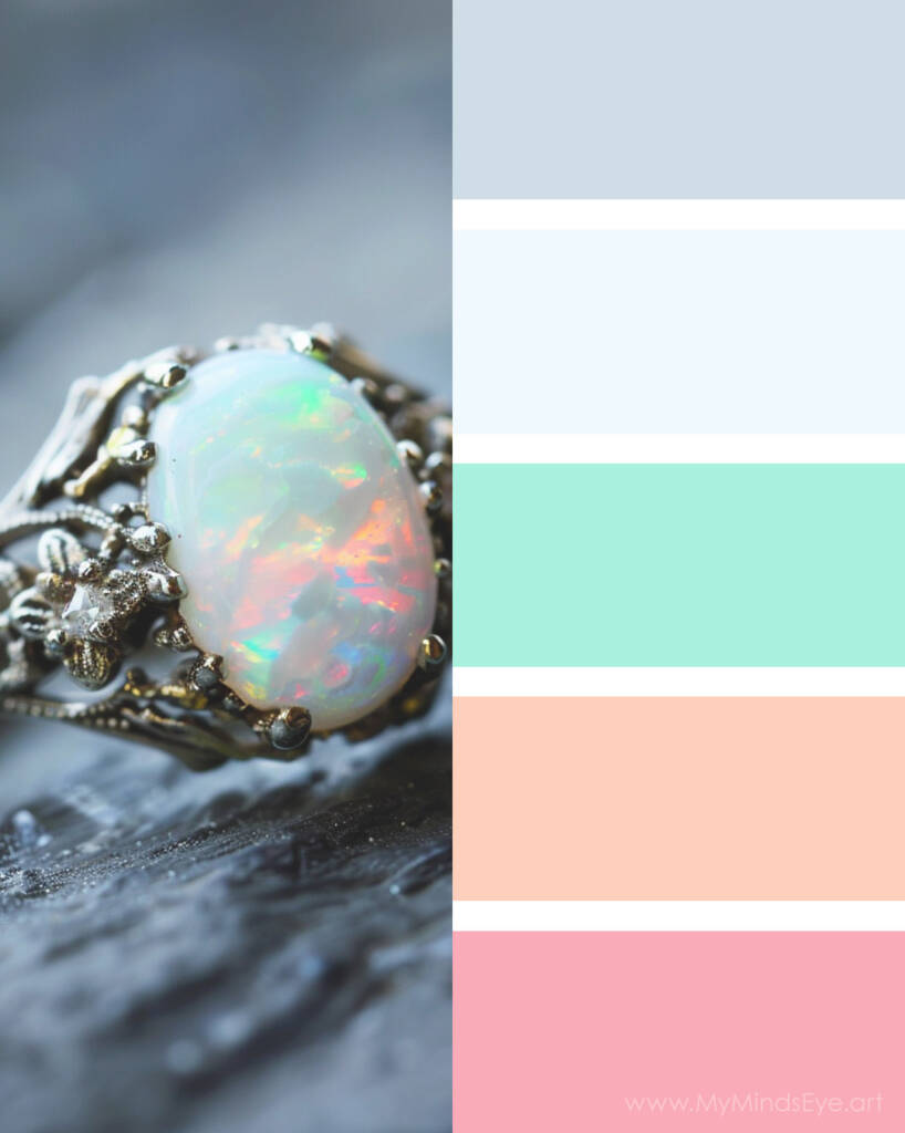 Image of an opal ring and an opal-inspired color palette.