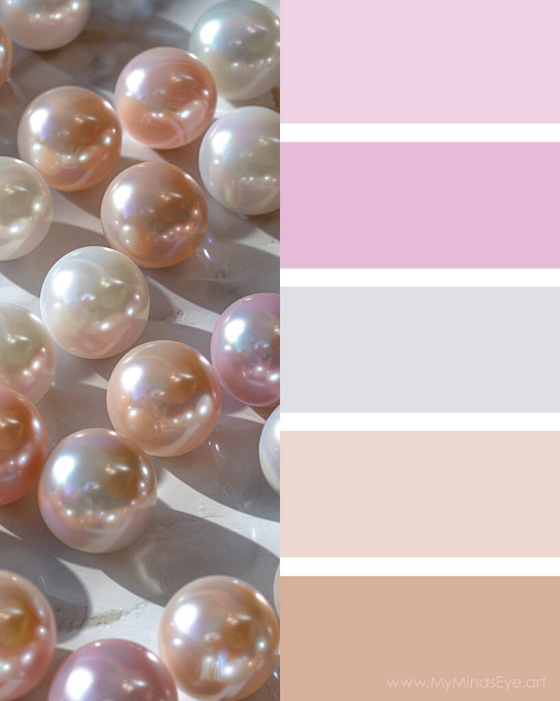 Image of pearls with pink, gray, and beige color palette.