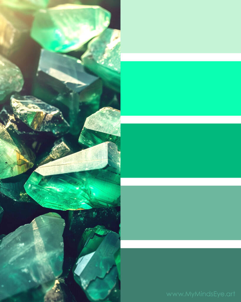 Image of emerald crystal gemstones with a corresponding color palette.