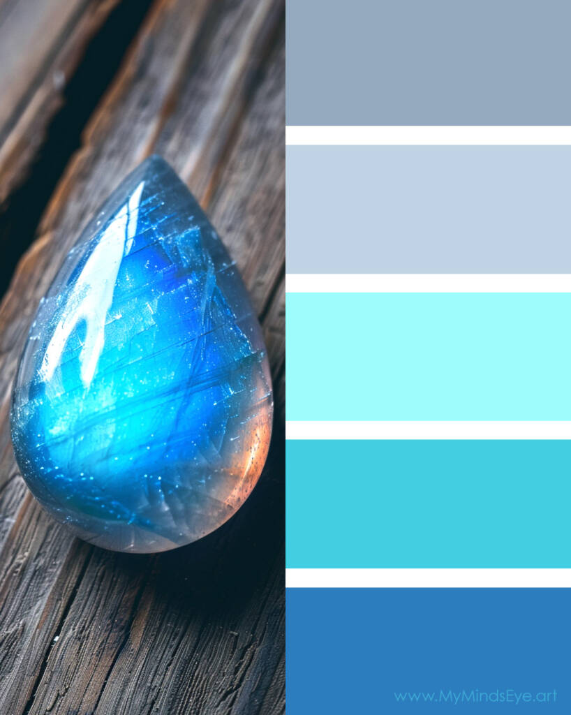 Image of a polished moonstone with a corresponding color palette.