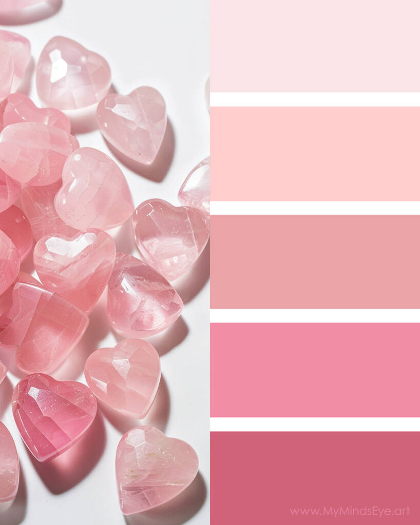 Image of rose quartz hearts with a pink themed color palette.