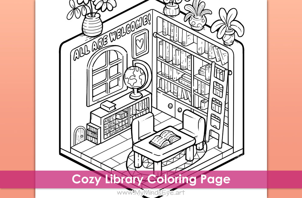 Image of a coloring page of a library.