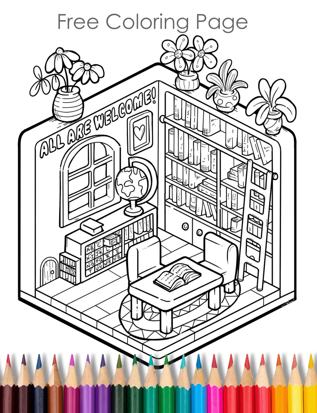 Sample image of a isometric coloring page with the inside of a library and the words All Are Welcome.