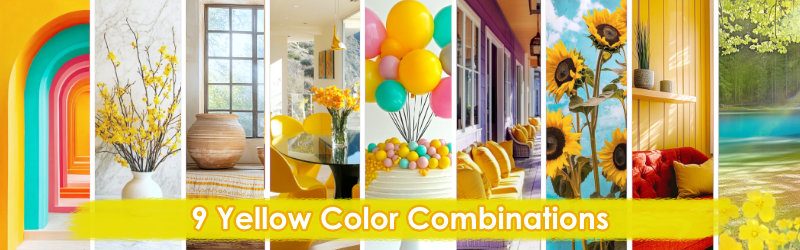 Header images with 9 pictures that inspired the 9 yellow color palettes in this blog post.