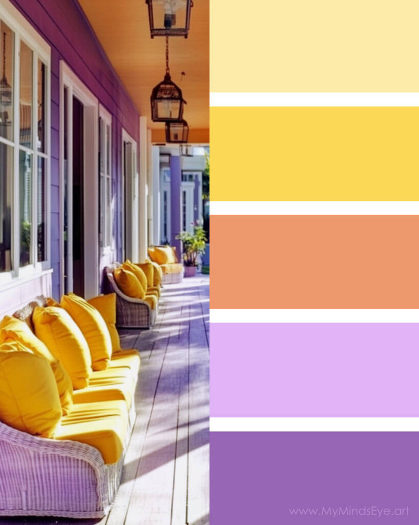 Image of a porch with wicker seats next to a color palette. The colors are yellow, orange, and lavender purple.