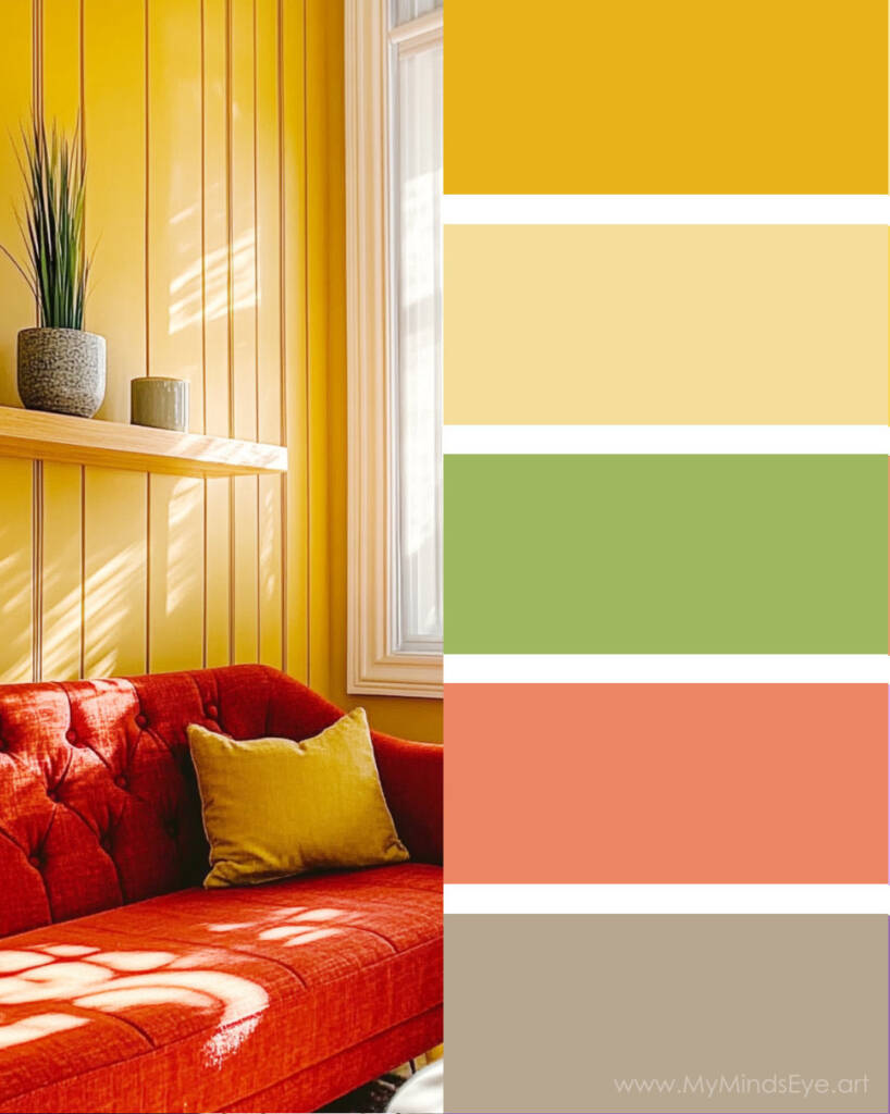 Image of a room with a couch next to a color palette.  The colors are yellows, olive green, coral and beige.