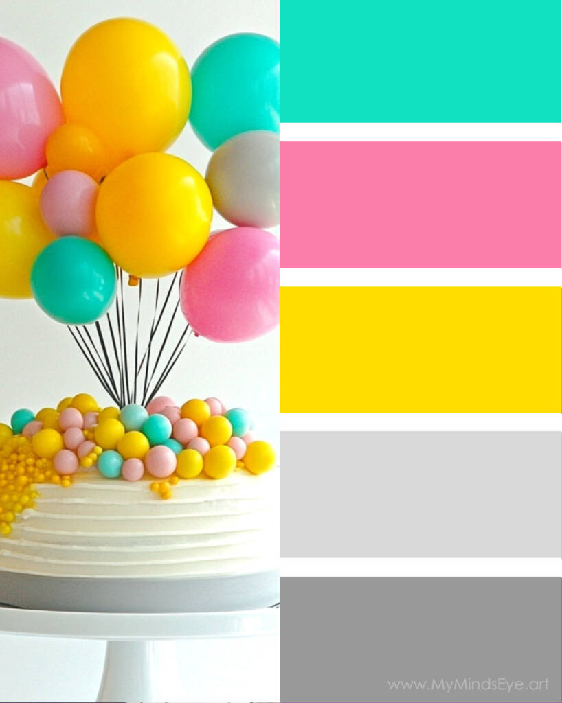 Image of a birthday cake and balloons next to a color palette.  The colors are turquoise, pink, yellow, and gray.