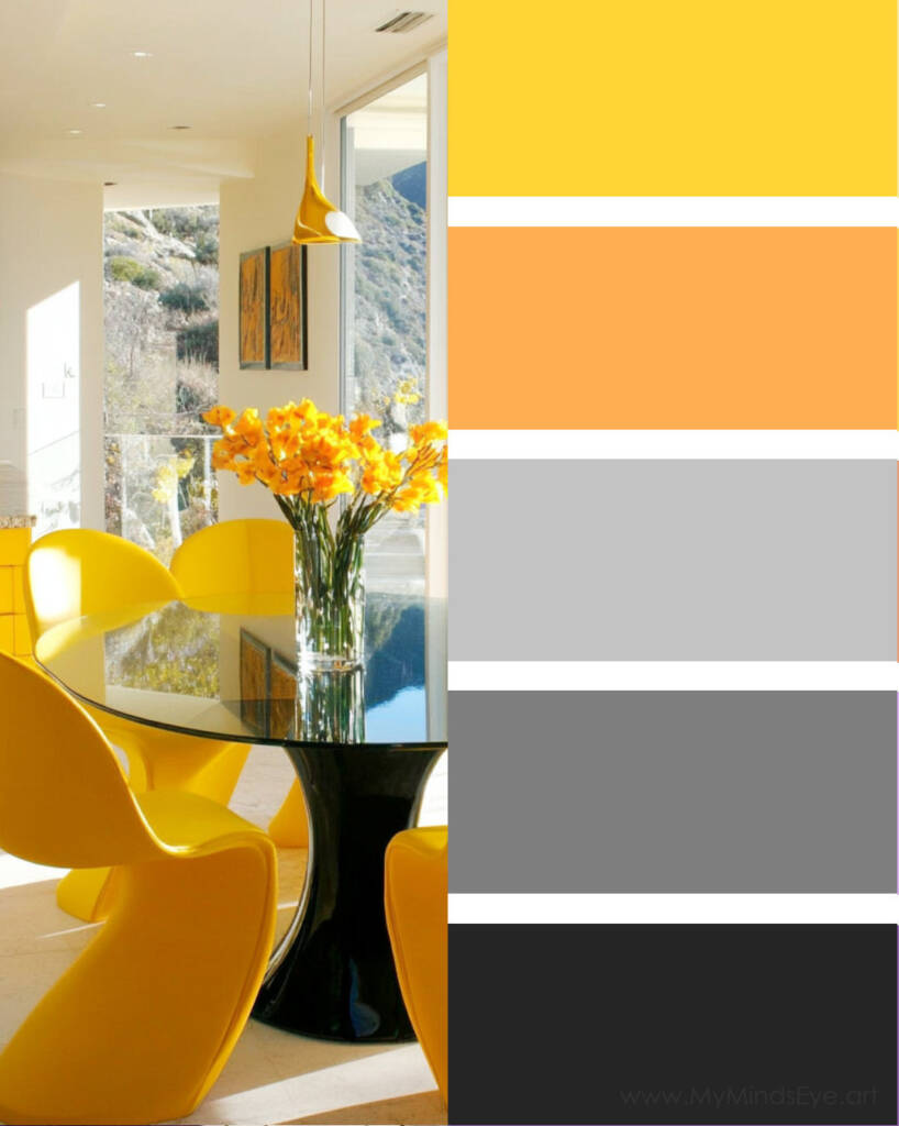 Image of modern chairs around a table next to a color palette. The colors are yellow, gray, and black.