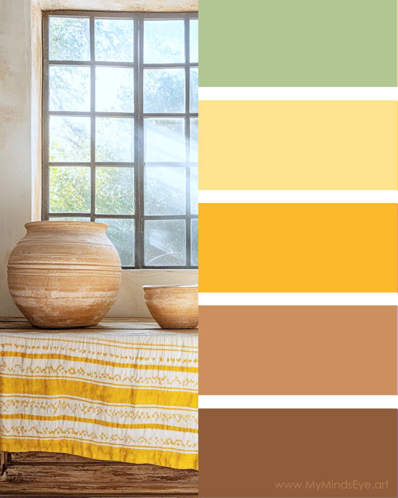 Image of pottery in front of a window next to a color palette.  The colors are sage green, yellow, and  rustic brown.