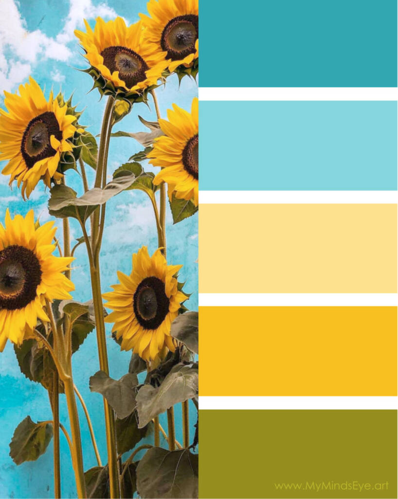 Image of sunflowers next to a color palette. The colors are blue and yellow and olive green.