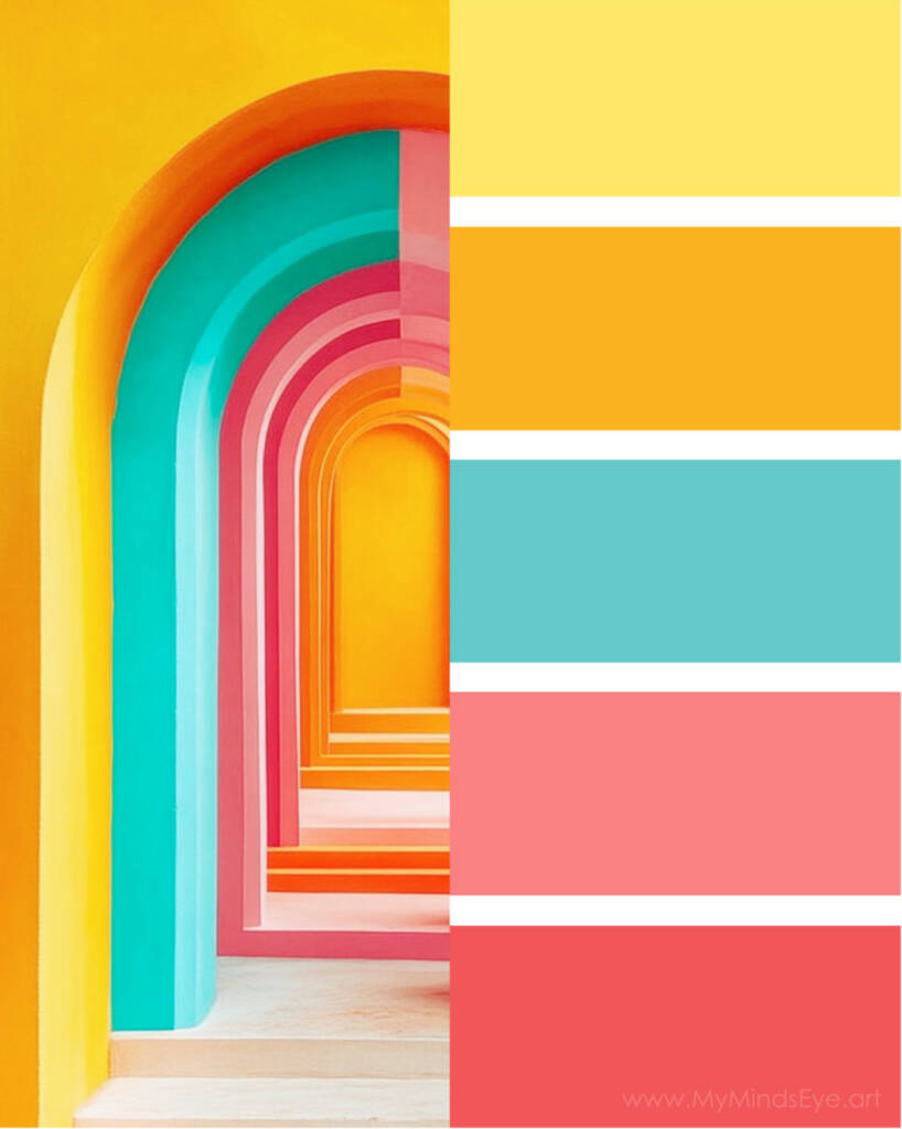 Image of a color palette next to an archway. The color palette is vibrant with yellow, blue, and coral pink.