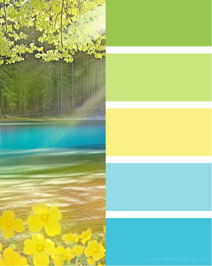 Image of a trees and a lake next to a color palette. The colors are green, yellow, and blue.