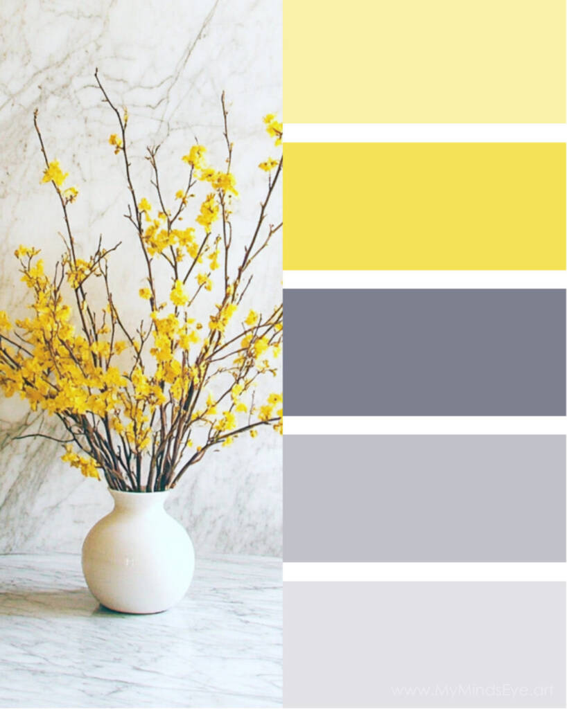 Image of flowers next to a color palette. The colors are yellow and gray.